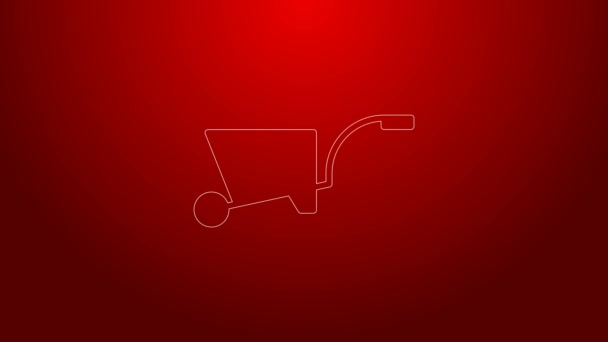 Green line Wheelbarrow icon isolated on red background. Tool equipment. Agriculture cart wheel farm. 4K Video motion graphic animation — Stock Video