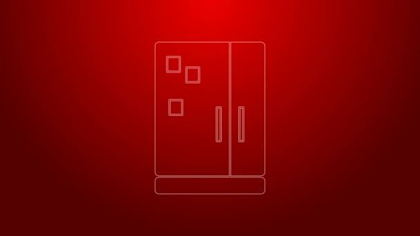Zielona linia Lodówka ikona izolowana na czerwonym tle. Lodówka z zamrażarką. Technika i urządzenia gospodarstwa domowego. 4K Animacja graficzna ruchu wideo — Wideo stockowe