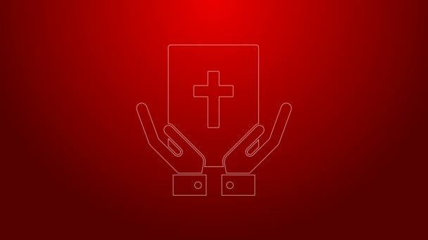 Green line Oath on the Holy Bible icon isolated on red background. The procedure in court. Truth and truth. Promise before god. 4K Video motion graphic animation — Stock Video