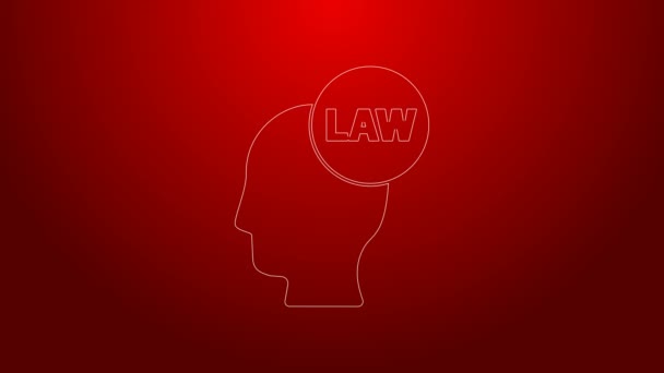 Green line Head with law icon isolated on red background. 4K Video motion graphic animation — Stock Video
