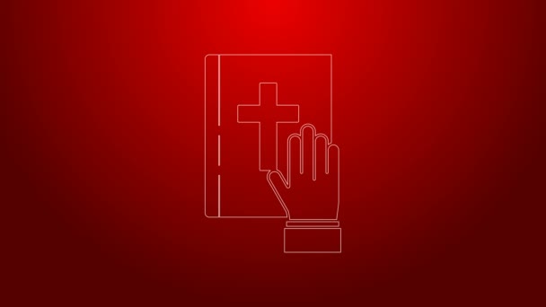 Green line Oath on the Holy Bible icon isolated on red background. The procedure in court. Truth and truth. Promise before god. 4K Video motion graphic animation — Stock Video