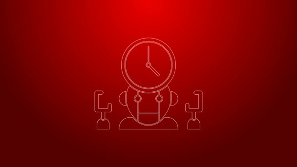Зеленая линия Робот и цифровой значок Time Manager выделены на красном фоне. Помощь в управлении временем, оптимизация рабочего процесса. Видеографическая анимация 4K — стоковое видео