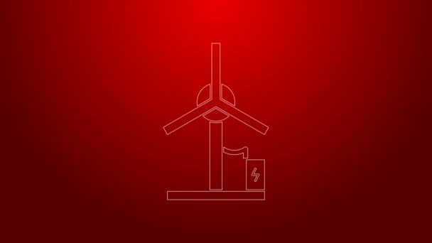 Groene lijn Windturbine pictogram geïsoleerd op rode achtergrond. Windgenerator bord. Windmolen voor elektriciteitsproductie. 4K Video motion grafische animatie — Stockvideo