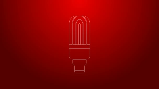 Linea verde icona della lampadina a LED isolato su sfondo rosso. Lampadina illuminata a LED economica. Risparmiare energia lampada. Animazione grafica 4K Video motion — Video Stock