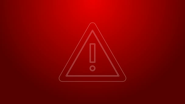 Green line Exclamation mark in triangle icon isolated on red background. Hazard warning sign, careful, attention, danger warning important sign. 4K Video motion graphic animation