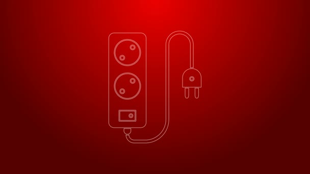 Línea verde Icono de cable de extensión eléctrica aislado sobre fondo rojo. Toma de corriente. Animación gráfica de vídeo 4K — Vídeo de stock