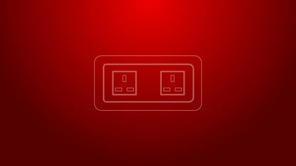 Zelená čára Ikona elektrické zásuvky izolovaná na červeném pozadí. Zásuvka. Symbol Rosetty. Grafická animace pohybu videa 4K — Stock video