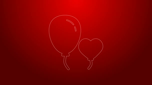 Línea verde Globos en forma de corazón con icono de cinta aislada sobre fondo rojo. Animación gráfica de vídeo 4K — Vídeos de Stock