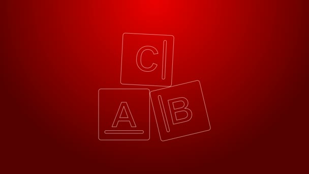 Зелена лінія ABC-блоків ізольована на червоному тлі. Куби Alphabet з літерами A, B, C. 4K Відеографічна анімація — стокове відео