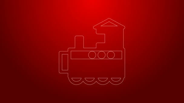 Línea verde Icono de tren de juguete aislado sobre fondo rojo. Animación gráfica de vídeo 4K — Vídeos de Stock