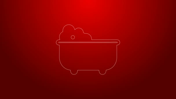 Línea verde Bañera de bebé con burbujas de espuma dentro del icono aislado sobre fondo rojo. Animación gráfica de vídeo 4K — Vídeo de stock