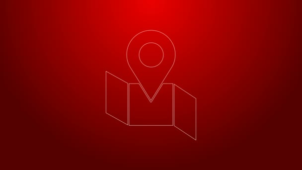 Green line Folded map with location marker icon isolated on red background. 4K Video motion graphic animation — Stock Video