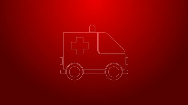Ligne verte Ambulance et icône de voiture d'urgence isolé sur fond rouge. Évacuation médicale du véhicule ambulancier. Animation graphique de mouvement vidéo 4K — Video