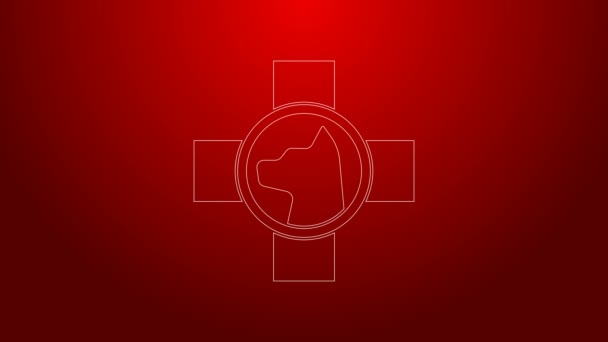 Green line Veterinary clinic symbol icon isolated on red background. Cross with dog veterinary care. Pet First Aid sign. 4K Video motion graphic animation — Stock Video