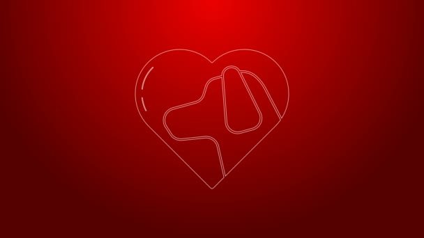 Línea verde Corazón con icono de perro aislado sobre fondo rojo. Pata de mascota en el corazón. Amor a los animales. Animación gráfica de vídeo 4K — Vídeos de Stock