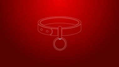 Kırmızı arkaplanda isim etiketi simgesi olan yeşil çizgi Collar. Evcil hayvanlar için basit malzemeler. Kedi köpek bakımı. Evcil hayvan zincirleri. 4K Video hareketli grafik canlandırması