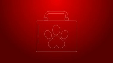 Yeşil çizgi evcil hayvan ilk yardım seti simgesi kırmızı arkaplanda izole edildi. Köpek ya da kedi pençesi izi. Klinik kutusu. 4K Video hareketli grafik canlandırması