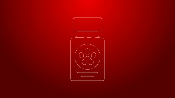 Zelená čára Pes medicína láhev a pilulky ikona izolované na červeném pozadí. Kontejner s prášky. Lék na předpis pro zvířata. Grafická animace pohybu videa 4K — Stock video