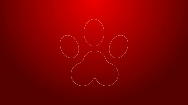 Linha verde ícone de impressão Paw isolado no fundo vermelho. Impressão de pata de cão ou gato. Pista animal. Animação gráfica em movimento de vídeo 4K — Vídeo de Stock
