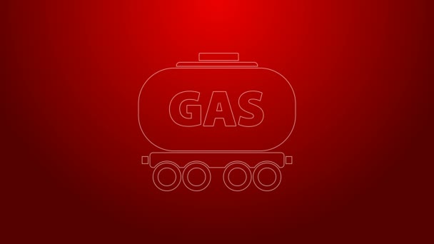 緑色の線赤色の背景に絶縁されたガス鉄道のシスタンアイコン。鉄道車両にガソリンタンクを訓練する。貨物列車。4Kビデオモーショングラフィックアニメーション — ストック動画