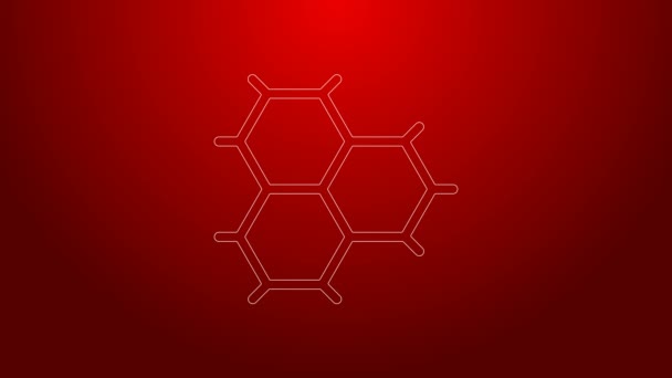 Zielona linia Wzór chemiczny składający się z ikony pierścieni benzenowych izolowanych na czerwonym tle. 4K Animacja graficzna ruchu wideo — Wideo stockowe