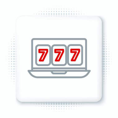 Online slot makinesi beyaz arka planda izole edilmiş şanslı yedili büyük ikramiye ikonu. İnternetteki kumarhane. Renkli taslak konsepti. Vektör.