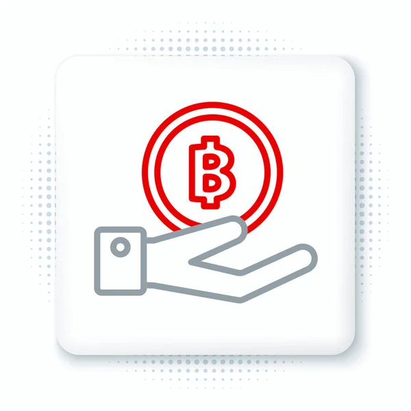 Linia Ręczne Trzymanie Ikony Bitcoin Izolowane Białym Tle Technologia Blockchain — Wektor stockowy