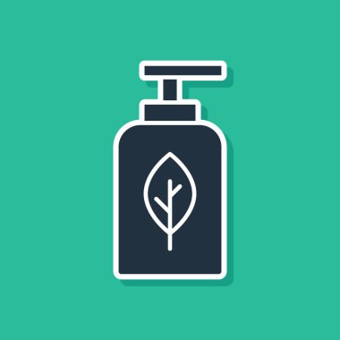 Yeşil arka planda mavi yağ şişesi simgesi izole edildi. Organik aromaterapi özü. Cilt bakımı serumu cam bırakma paketi. Vektör.