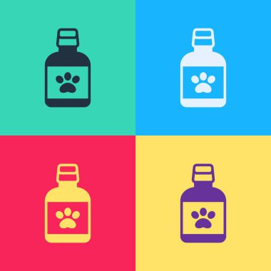 Pop Art Dog ilaç şişesi ikonu renk arka planında izole edilmiş. İçinde haplar olan konteynır. Hayvan için reçeteli ilaç. Vektör.