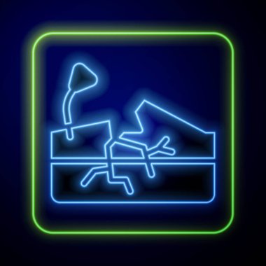 Parlayan neon deprem ikonu mavi arkaplanda izole edildi. Vektör.