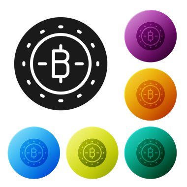 Siyah Kripto para birimi Bitcoin simgesi beyaz arka planda izole edildi. Madeni para. Engelleme zinciri tabanlı şifreli para birimi. Simgeleri renk daire düğmelerine ayarla. Vektör.