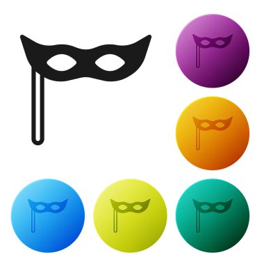 Siyah Festive maske simgesi beyaz arkaplanda izole edildi. Mutlu Noeller ve mutlu yıllar. Simgeleri renk daire düğmelerine ayarla. Vektör.