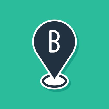 Mavi Harita iğne simgesi yeşil arkaplanda izole edildi. Navigasyon, işaret, konum, harita, GPS, yön, yer, pusula, arama konsepti. Vektör.