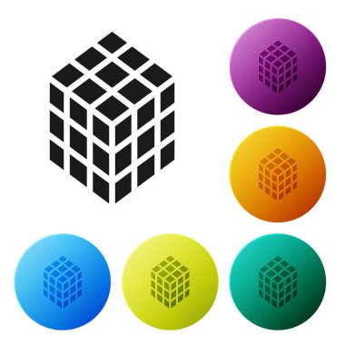 Beyaz arkaplanda siyah rubik küp simgesi izole edildi. Mekanik yapboz oyuncağı. Rubik 'in 3 boyutlu küp kombinasyon bulmacası. Simgeleri renk daire düğmelerine ayarla. Vektör.