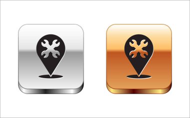 İngiliz anahtarı simgesine sahip siyah konum beyaz arkaplanda izole edildi. Ayarlama, servis, ayar, bakım, onarım, onarım. Gümüş-altın kare düğme. Vektör.