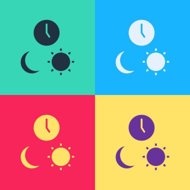 Zaman simgesi renk arkaplanında izole edilmiş Pop Art Day ve Night. Vektör.