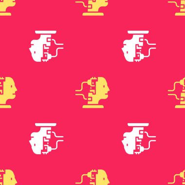 Bakım simgesi için sarı robot kırmızı arkaplanda izole edilmiş. Yapay zeka, makine öğrenme, bulut hesaplama. Vektör.