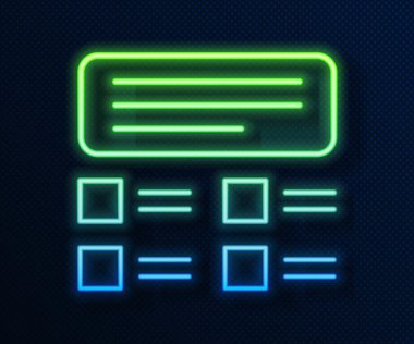 Parlayan neon hattı mavi arkaplanda izole edilmiş test, inceleme ya da kontrol listesi simgesi. Sınav listesi. E-eğitim konsepti. Vektör İllüstrasyonu.