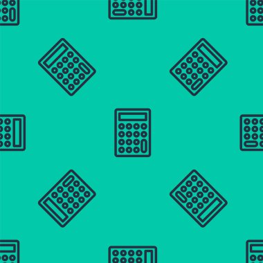 Mavi çizgi hesap makinesi simgesi yeşil arkaplanda izole edilmiş pürüzsüz desen. Muhasebe sembolü. İş hesaplamaları matematik eğitimi ve finans. Vektör.