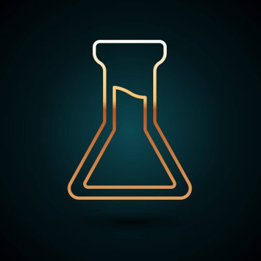 Altın çizgi test tüpü ve matara simgesi koyu mavi arkaplanda izole edilmiş. Kimyasal laboratuvar testi. Laboratuvar camları. Vektör.