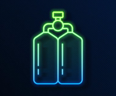 Parlayan neon hattı Aqualung simgesi mavi arkaplanda izole edildi. Dalgıçlar için oksijen tüpü. Dalış ekipmanları. Olağanüstü bir spor. Su altı ekipmanları. Vektör.