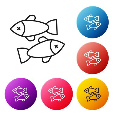 Siyah çizgi. Beyaz arka planda ölü balık simgesi var. Renkli daire düğmelerini ayarlayın. Vektör.