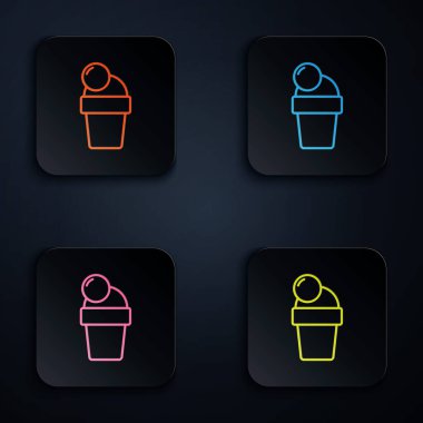 Renkli neon çizgisi dondurma ikonu siyah arkaplanda izole edildi. Güzel sembol. Kare düğmelere simgeleri yerleştir. Vektör.