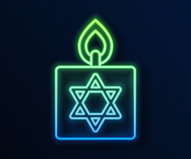 Parlak neon çizgisi. Mavi arka planda izole edilmiş David ikonu yıldızıyla şamdanda mum yakıyor. Silindirik mum çubuğu ve yanan ateş. Vektör.