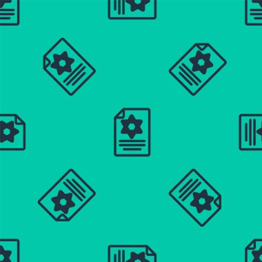 Mavi çizgi Tevrat kaydırma simgesi yeşil arkaplandaki kusursuz deseni izole etti. Genişletilmiş Yahudi Tevrat 'ı. David 'in Yıldızı sembolü. Eski parşömen tomarı. Vektör.