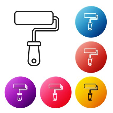 Beyaz arkaplanda siyah çizgi boyalı fırça ikonu izole edildi. Renkli daire düğmelerini ayarlayın. Vektör.