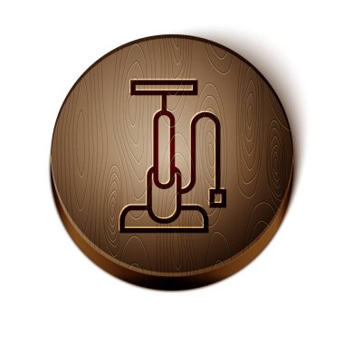 Kahverengi çizgi bisiklet hava pompası ikonu beyaz arka planda izole edildi. Tahta daire düğmesi. Vektör.