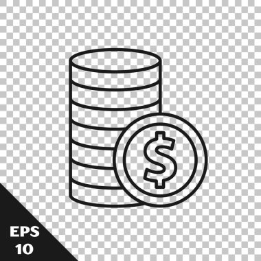 Şeffaf arkaplanda dolar sembolü simgesi olan siyah çizgi parası. Bankacılık işareti. Para sembolü. Vektör.