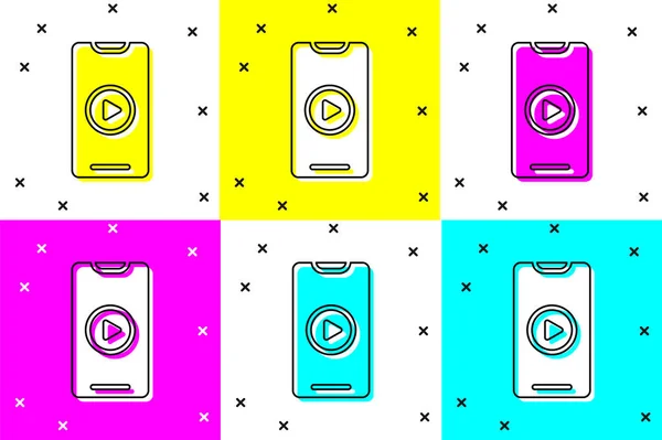 Set Online Play Video Icon Isolated Color Background Smartphone Film — Stock Vector