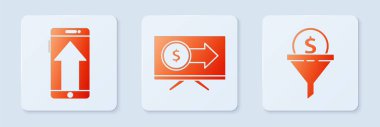 Monitörü dolar, akıllı telefon, cep telefonu ve kurşun yönetimi ile ayarla. Beyaz kare düğme. Vektör.